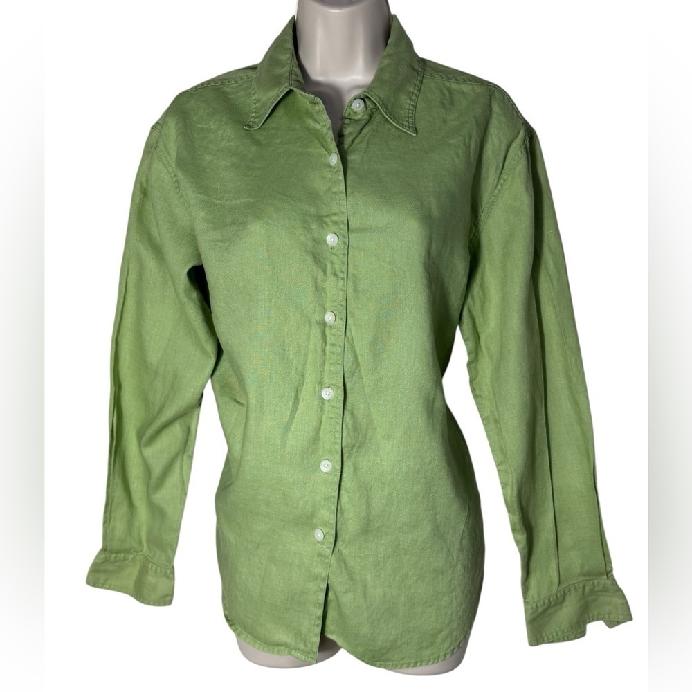 Eddie Bauer Women's 100% Linen Light Green Button Down Shirt Long Sleeve Size M
